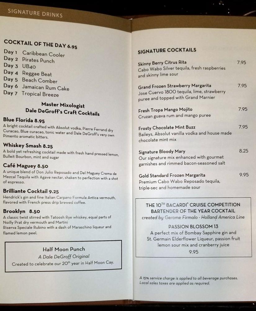 Holland America Nieuw Amsterdam Bar Menu November 2017 CruiseHabit